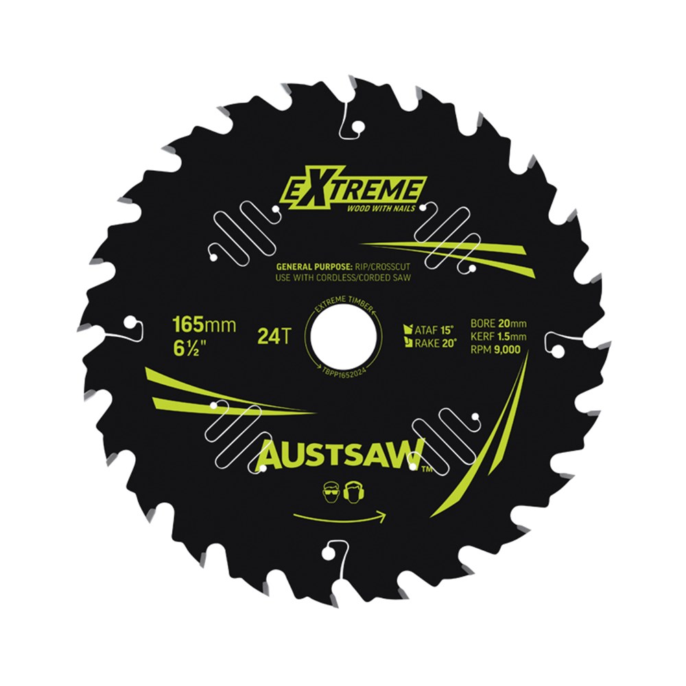 AUSTSAW EXTREME WOOD W/NAILS BLADE 165MM X 20/16 BORE X 24 T THIN KERF